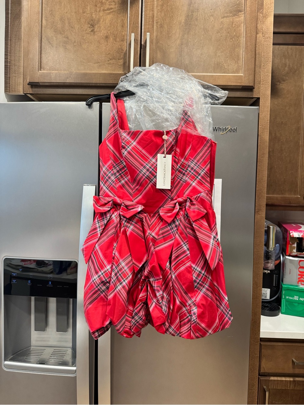 LoveShackFancy Red Plaid Bubble Dress with Bow Details